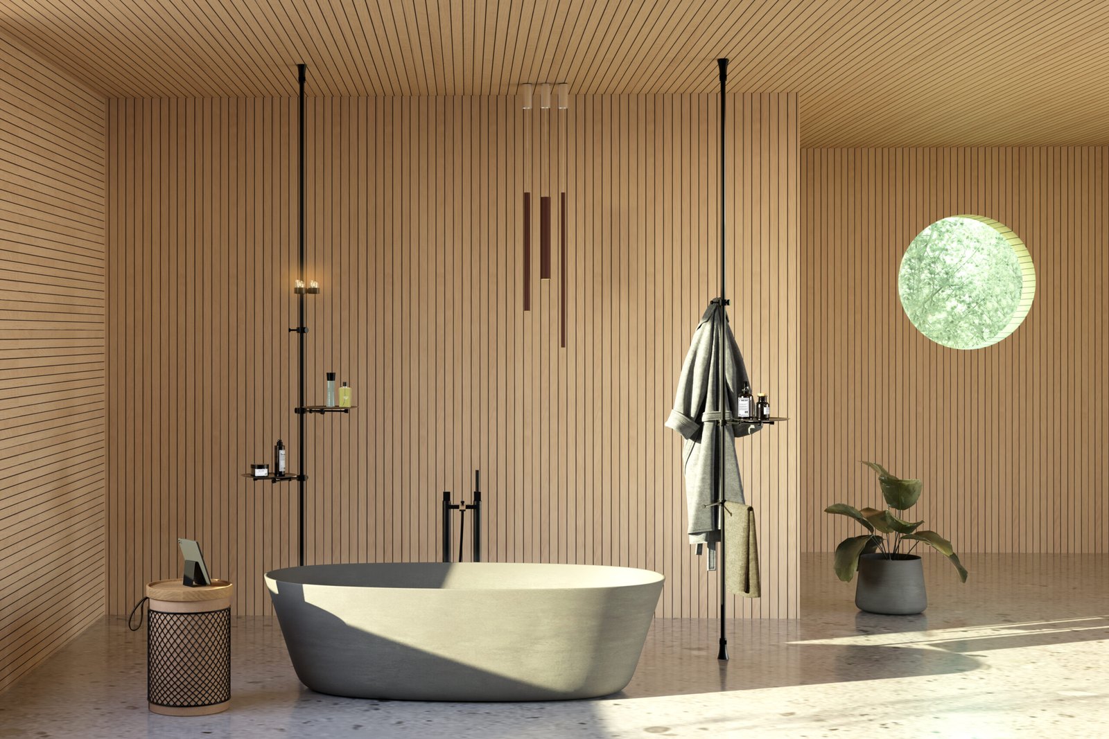 EVER Life Design You collection in a wood-clad bathroom: vertical pole-mounted shelving, robe hook, and accessory tower