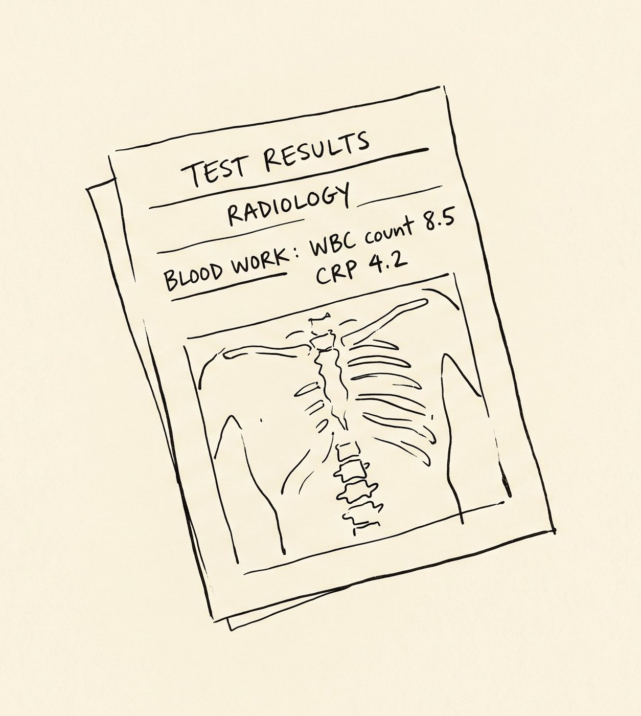 Test results paperwork with radiology image