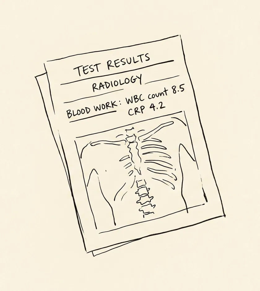 Test results paperwork with radiology image