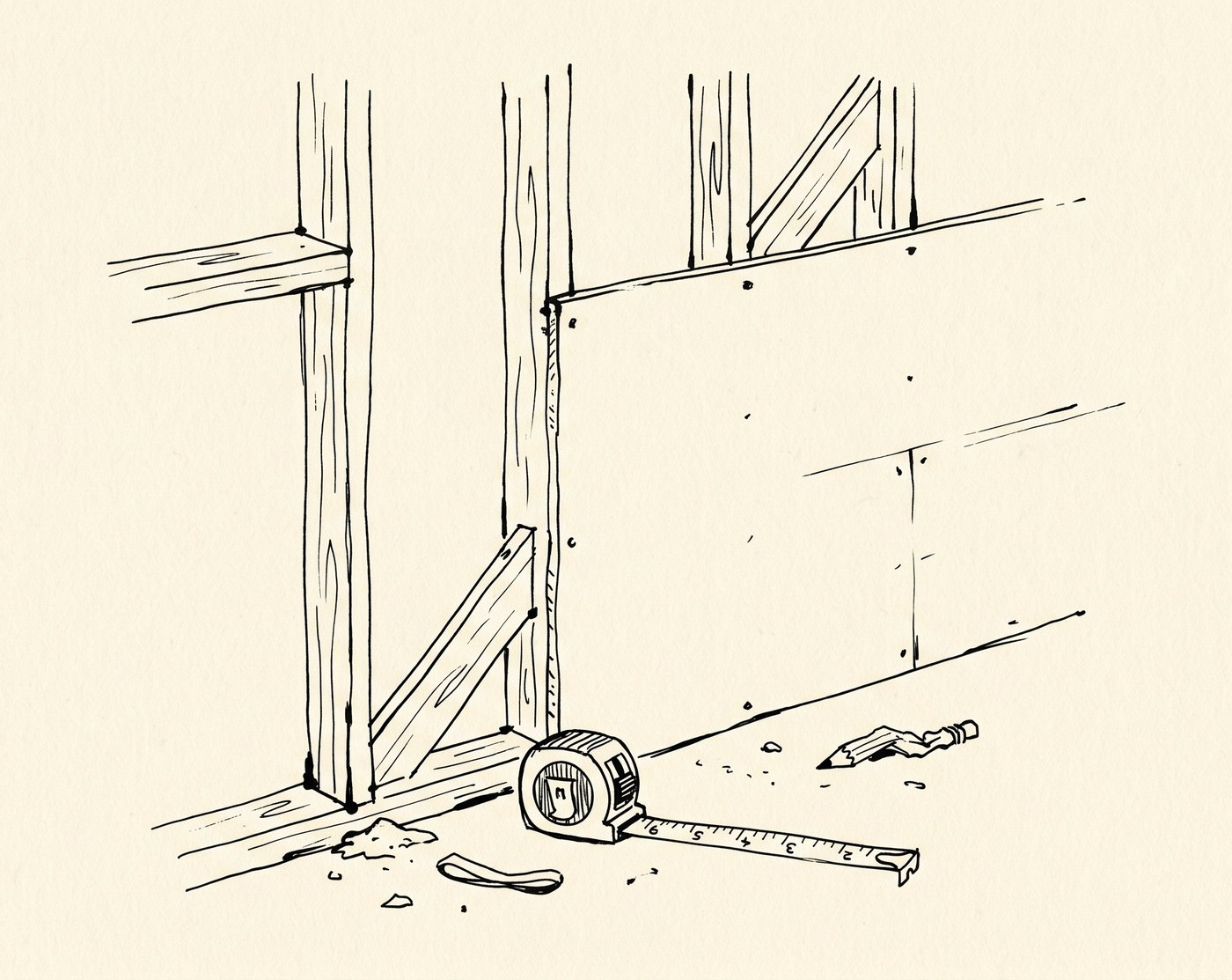 Open wall framing, measurement in progress