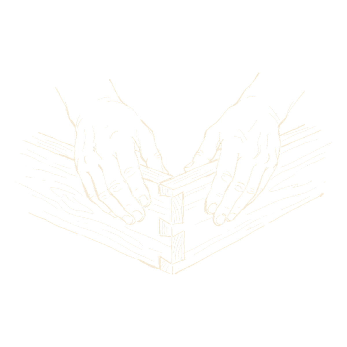 Two hands aligning a dovetail joint on wooden planks, signalling craft and bespoke design