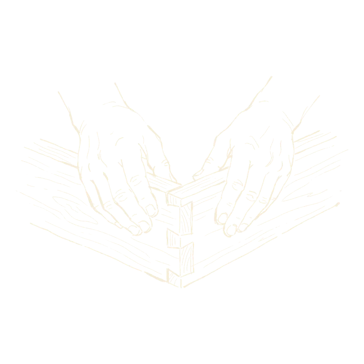 Two hands aligning a dovetail joint on wooden planks, signalling craft and bespoke design